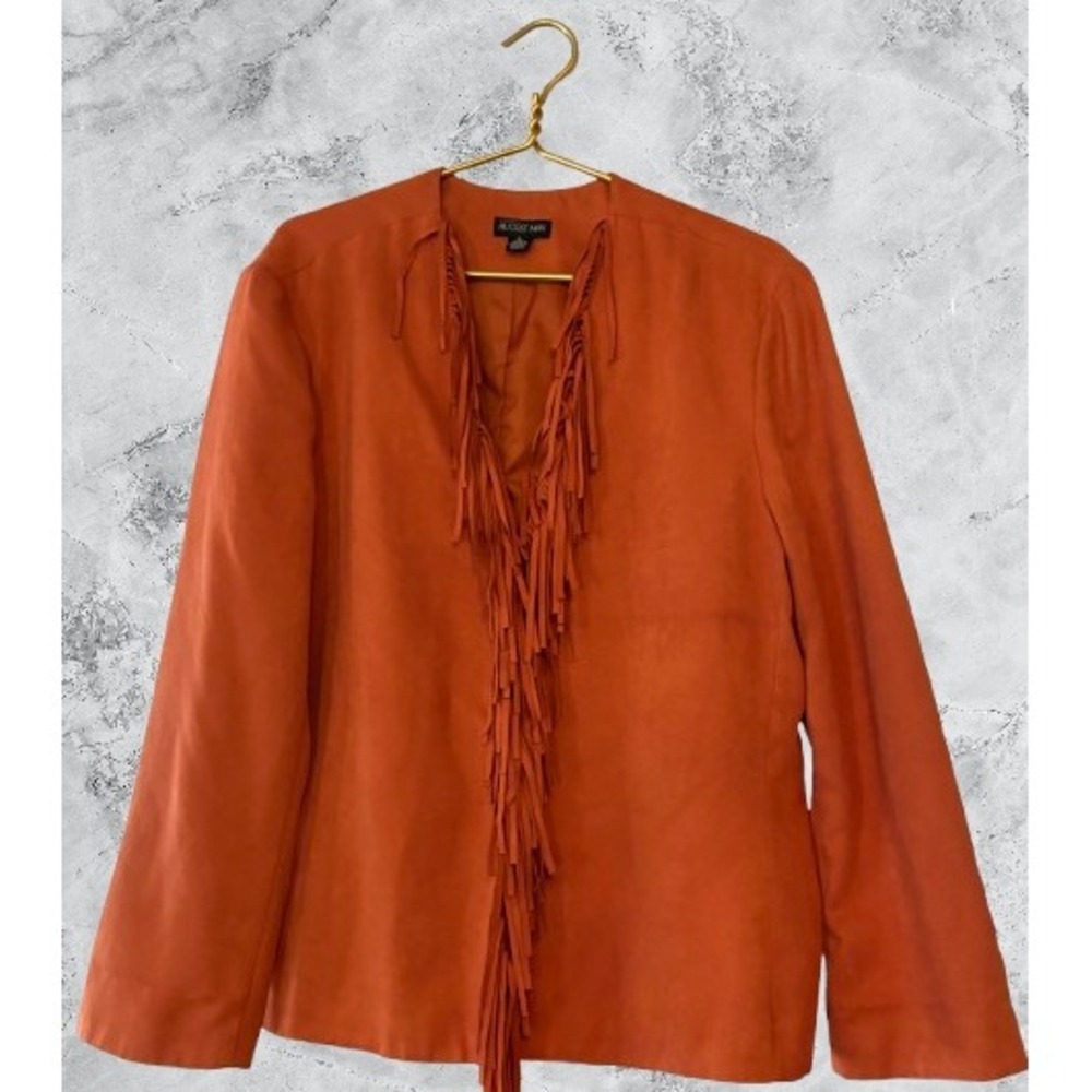 August Max Womens Faux Suede Fringe Open Front Jacket Burnt Orange Size S
